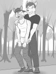 anthro backwards_baseball_cap backwards_hat baseball_cap bottomwear bottomwear_down briefs butt butt_grab canid canine canis clothed clothing domestic_dog duo eye_contact footwear forest fully_clothed fuze fuzeyeen greyscale hand_on_butt hand_on_shoulder hat headgear headwear hi_res hyena looking_at_another looking_back male male/male mammal monochrome pants pants_down partially_clothed plant shirt shoes spotted_hyena t-shirt tank_top tighty_whities topwear tree underwear white_briefs white_clothing white_underwear wolfgang_(fuze)
