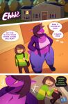  2022 anthro bed big_breasts bottomwear breasts brown_hair chubby_anthro chubby_female clothing comic deltarune dialogue duo english_text female furniture hair hi_res human jacket kris_(deltarune) light_body light_skin male mammal navel pants purple_body purple_skin scalie shirt standing susie_(deltarune) svarzye teeth text thick_thighs topwear undertale_(series) video_games 
