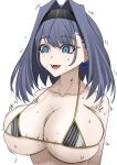  bare_shoulders bikini bloodyblack blue_eyes blue_hair bow bow_earrings breasts earrings fangs gold_trim hair_between_eyes highres hololive hololive_english jewelry large_breasts nervous nervous_smile nervous_sweating ouro_kronii smile striped striped_bikini sweat sweatdrop swimsuit undersized_clothes upper_body 
