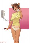  anthro breasts brown_body brown_fur brown_hair cervid cervine clothing female fur hair hi_res mammal nipple_outline nipples nude open_mouth panties phone pwnagespartan reiko_(pwnagespartan) shirt short_hair sika_deer solo standing topwear underwear wired_phone 
