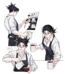  1boy absurdres apron barista belt black_apron black_belt black_eyes black_hair black_pants choso_(jujutsu_kaisen) closed_mouth coffee_maker coffee_mug collared_shirt cowboy_shot cup facial_tattoo highres holding holding_cup jujutsu_kaisen l_everbloom male_focus mug pants parted_lips ponytail profile shirt short_hair short_twintails simple_background sleeves_rolled_up standing tattoo twintails white_background white_shirt 