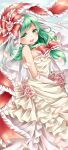  1girl bare_shoulders bow bride dress elbow_gloves flower frilled_bow frilled_dress frilled_ribbon frills front_ponytail gloves green_eyes green_hair hair_bow holding holding_flower kagiyama_hina looking_at_viewer open_mouth red_bow ribbon solo tamichan teeth touhou upper_teeth_only wedding white_dress white_gloves 