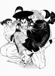  3boys black_hair carrying facial_hair food greyscale highres injury japanese_clothes kikunojo_(one_piece) kimono kinemon kouzuki_oden larugo0513 monochrome multiple_boys muscular muscular_male oden one_piece open_mouth samurai sandals sideburns smile surprised 