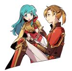  1boy 1girl armor blue_eyes blue_hair breastplate brown_hair closed_mouth commentary_request drawing earrings eirika_(fire_emblem) fire_emblem fire_emblem:_the_sacred_stones forde_(fire_emblem) green_eyes haconeri holding holding_paintbrush jewelry light_smile long_hair open_mouth paintbrush short_hair shoulder_armor simple_background sitting smile tassel tassel_earrings white_background 