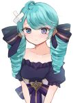  1girl bandaid bandaid_on_head bare_shoulders black_bow bow breasts collarbone dress drill_hair green_eyes green_hair gwen_(league_of_legends) hair_bow highres league_of_legends long_hair looking_at_viewer medium_breasts smile solo twin_drills twintails yua_(bokubo0806) 