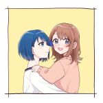  2girls blue_eyes blue_hair blush border brown_hair closed_mouth commentary_request couple grey_eyes hanasato_minori hand_on_another&#039;s_shoulder hug kiritani_haruka long_hair long_sleeves looking_at_another looking_at_viewer multiple_girls open_mouth pink_sweater project_sekai short_hair simple_background single_sidelock sweater upper_body white_border white_sweater yarou_(0tyaro) yellow_background yuri 