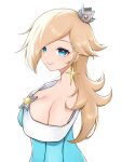  1girl blonde_hair blue_dress blue_eyes breasts cleavage closed_mouth commentary_request crown dress earrings eyelashes glint highres jewelry large_breasts long_hair mario_(series) off-shoulder_dress off_shoulder rosalina simple_background smile solo star_(symbol) star_earrings tomatomiya upper_body white_background 