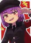  +++ 1girl absurdres armband black_coat black_headwear black_necktie blush_stickers breasts bright_pupils coat collared_shirt commentary_request cookie_(touhou) fingernails geru_futota hand_up hat highres long_sleeves looking_at_viewer medium_bangs necktie open_mouth outline peaked_cap purple_eyes purple_hair raised_eyebrow red_background remilia_scarlet shirt short_hair small_breasts smile solo tatamaru5382 teeth touhou two-tone_background upper_body upper_teeth_only white_background white_outline white_pupils white_shirt 