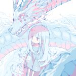  1girl blue_hair blunt_bangs blurry chinese_zodiac depth_of_field dragon eastern_dragon expressionless highres jitome long_hair loose_clothes loose_shirt matabeku original pastel_colors pink_eyes shirt skinny upper_body very_long_hair white_background year_of_the_dragon 
