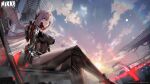  1girl absurdres black_bodysuit blue_sky bodysuit breasts brown_eyes cloud cloudy_sky crossed_legs day goddess_of_victory:_nikke grey_hair highres katana kkuni large_breasts long_hair looking_to_the_side morning official_art outdoors parted_lips scarlet_(black_shadow)_(nikke) second-party_source sitting sky solo sun sword weapon 