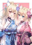  2girls animal_ear_fluff animal_ears belt black_collar black_sash blonde_hair blue_belt blue_eyes blue_hair blue_kimono blush breasts collar dog_ears dog_girl floral_print_kimono fuwawa_abyssgard fuwawa_abyssgard_(new_year) hololive hololive_english japanese_clothes kimono large_breasts long_hair looking_at_viewer mococo_abyssgard mococo_abyssgard_(new_year) multicolored_hair multiple_girls obi official_alternate_costume pink_belt pink_eyes pink_hair pink_kimono ponytail sash sebu_illust short_hair siblings sisters sleeves_past_fingers sleeves_past_wrists smile spiked_collar spikes streaked_hair twins twintails virtual_youtuber 