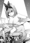  1girl bangs breasts closed_mouth commentary completely_nude drum drumsticks go-toubun_no_hanayome greyscale hair_between_eyes hair_ribbon highres instrument kosmos_beta large_breasts monochrome nakano_yotsuba nude ribbon short_hair solo white_background 