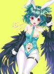  1girl animal_ears antenna_hair bare_shoulders bird_legs black_feathers black_wings blue_leotard blush breasts claws clothing_cutout commentary_request commission dated detached_collar fake_animal_ears feathered_wings feathers green_hair harpy heart heart_tattoo highleg highleg_leotard highres honoka_(ranukirai) indie_virtual_youtuber leotard lincoro medium_hair monster_girl navel navel_cutout nipples open_mouth pantyhose playboy_bunny pointy_ears rabbit_ears red_eyes short_twintails side-tie_leotard simple_background skeb_commission small_breasts solo stomach_tattoo tattoo thigh_strap twintails virtual_youtuber wardrobe_malfunction white_pantyhose white_wrist_cuffs winged_arms wings yellow_background 