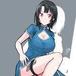  1girl alternate_costume black_hair blue_dress breasts china_dress chinese_clothes cleavage cleavage_cutout clothing_cutout commentary_request dress grey_background gun handgun highres kantai_collection large_breasts looking_at_viewer one-hour_drawing_challenge red_eyes short_hair solo sosser squatting takao_(kancolle) thigh_strap weapon 