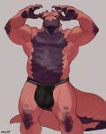 anthro bebebebebe biped bulge claws clothed clothing dragon finger_claws hi_res jockstrap jockstrap_only male musclegut muscular muscular_anthro muscular_male scalie solo standing tail teeth topless underwear underwear_only