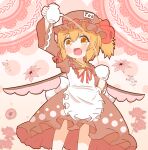  apron blonde_hair bow brown_dress brown_headwear commentary_request coruthi cup dress fairy frilled_shirt_collar frills hat hat_ribbon highres holding holding_cup juliet_sleeves long_sleeves looking_at_viewer mob_cap orange_eyes ponytail puffy_sleeves red_bow ribbon smile tea teapot tina_flavor touhou touhou_igyoukyo white_apron white_ribbon wings 