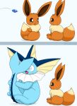 2023 2koma 3_toes ambiguous_gender big_ears blue_body blue_skin blue_tail blush bodily_fluids body_size_growth brown_eyes brown_inner_ear canid colored comic constricted_pupils digital_media_(artwork) dipstick_tail duo ear_fins eevee eeveelution evolution_(transformation) evolutionary_stone feet female_(lore) feral fin frill_(anatomy) fur generation_1_pokemon hand_on_tail head_fin hi_res holding_own_tail holding_tail instant_transformation kemono kenikenikeke larger_ambiguous larger_feral looking_at_another mammal marine markings monotone_tail multicolored_body multicolored_ears multicolored_fur multicolored_tail neck_frill neck_tuft nintendo no_sclera open_mouth orange_body orange_ears orange_fur orange_tail pink_tongue pokemon pokemon_(species) pupils quadruped shaded side_view simple_background sitting size_difference size_transformation small_pupils smaller_ambiguous smaller_feral species_transformation surprise surprised_expression sweat sweatdrop tail tail_between_legs tail_fin tail_markings tan_body tan_fur tan_tail tan_tail_tip toes tongue transformation tuft two_tone_body two_tone_ears two_tone_fur two_tone_tail vaporeon water_stone white_background white_pupils