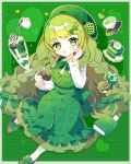  1girl book bow cake candy doughnut dress food full_body green_background green_bow green_dress green_eyes green_hair green_theme hair_bow hand_on_own_face highres holding holding_spoon matcha_(food) original saijo1201 spoon sweets 