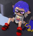 alley animal_humanoid blaster blaster_(splatoon) blaster_pistol blue_hair cephalopod cephalopod_humanoid eyewear glasses hair humanoid inkling looking_offscreen male marine marine_humanoid mollusk mollusk_humanoid nintendo purple_eyes sitting solo splatoon tukada