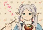  1girl a-king bowl chopsticks commentary_request drop_earrings earrings eating food frieren green_eyes holding holding_bowl holding_chopsticks jewelry long_hair mochi mochi_trail new_year parted_bangs pointy_ears solo sousou_no_frieren twintails white_hair zouni_soup 