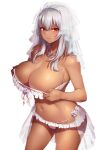 1girl adjusting_clothes bare_arms bare_shoulders bikini bikini_skirt blush breasts bridal_veil cleavage closed_mouth collarbone commission contrapposto dark-skinned_female dark_skin effort_star flower_ornament frilled_bikini frills grey_hair hair_between_eyes highres jewelry large_breasts long_hair looking_at_viewer navel necklace original pixiv_commission red_eyes ring skindentation solo stomach swimsuit thighs tiara veil white_background white_bikini 