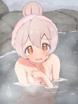  1girl blush brown_eyes collarbone commentary completely_nude covering_breasts covering_privates crossed_arms hair_between_eyes hair_bun hands_on_own_chest highres looking_at_viewer nude onii-chan_wa_oshimai! onsen open_mouth oyama_mahiro partially_submerged pink_hair rock single_hair_bun solo towel towel_on_head unkimo water 