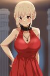  1girl alternate_breast_size alternate_costume armpit_crease bare_shoulders belt_collar blonde_hair blurry blurry_background blush breasts brown_eyes cleavage cleavage_cutout clothing_cutout cocktail_dress collar covered_navel covered_nipples dars_(recolors) double_bun dress feet_out_of_frame hair_between_eyes hair_bun hand_on_hip highres jewelry large_breasts light_smile looking_at_viewer lycoris_recoil nishikigi_chisato no_bra parted_lips pendant pillar red_dress short_hair sleeveless sleeveless_dress smile solo standing wide_hips 