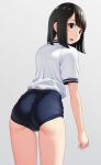  1girl ass black_eyes black_hair blue_buruma buruma commentary cowboy_shot from_behind grey_background gym_shirt gym_uniform highres leaning_forward looking_at_viewer looking_back maburu_(lojyq1eur3e8bit) open_mouth original shirt short_hair short_sleeves solo standing t-shirt white_shirt 