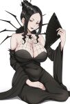  1girl absurdres arachne_gorgon arthropod_girl black_dress black_eyes black_hair black_lips black_sleeves breasts cleavage collarbone commission covered_navel detached_sleeves dress earrings hair_bun hand_fan highres holding holding_fan jewelry large_breasts mature_female mchiefy paper_fan pixiv_commission short_hair_with_long_locks sleeveless sleeveless_dress solo soul_eater spider_girl 