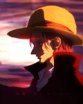  1boy 2022 absurdres artist_name black_coat black_eyes closed_mouth coat commentary from_side hat highres male_focus one_piece red_hair runin-0 scar scar_across_eye scar_on_face shanks_(one_piece) short_hair smile solo straw_hat 