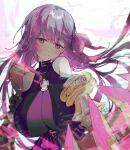  1girl absurdres bare_shoulders blush breasts claw_(weapon) claws closed_mouth fate/extra fate/extra_ccc fate/grand_order fate_(series) floating_hair hair_ribbon head_tilt highres huge_breasts long_hair looking_at_viewer mixed-language_commentary passionlip_(fate) pink_ribbon purple_eyes purple_hair ribbon smile solo weapon yakksan 