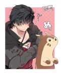  1boy 1other black_cloak black_hair border brown_fur clive_rosfield cloak creature crossed_arms crossover facial_hair final_fantasy final_fantasy_xvi furret kururugi_shiro looking_at_another male_focus messy_hair metal_gloves pectorals pink_background pokemon polka_dot polka_dot_background red_vest short_hair stubble vest white_border 