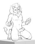 4:5 5_fingers anthro balls biped claws digital_media_(artwork) erection eyebrows felid fingers foxovh genitals greyscale hi_res hindpaw holding_object holding_penetrable_sex_toy holding_sex_toy kneeling lion male mammal mane monochrome navel nude pantherine paws penetrable_sex_toy penis sex_toy sketch solo tail tail_tuft toe_claws tuft