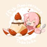  1girl anniversary blush_stickers character_name closed_eyes commentary cream doily eating food fruit headphones heart holding holding_spoon megurine_luka octopus pink_hair pudding sanpati seal_impression smile solo spoon strawberry strawberry_slice takoluka tentacle_hair vocaloid yellow_background 