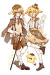  035nnn 1boy 1girl animal_ears beret blonde_hair boots bow bowtie brown_footwear brown_headwear brown_jacket brown_necktie collared_shirt dog_ears dog_tail don_quixote_(project_moon) full_body hat highres jacket jacket_on_shoulders limbus_company long_sleeves mini_hat mini_top_hat necktie open_mouth pompompurin project_moon sanrio shirt shoes short_hair sinclair_(project_moon) skirt smile socks sweater_vest tail top_hat white_shirt white_socks yellow_bow yellow_bowtie yellow_eyes yellow_skirt yellow_sweater_vest 