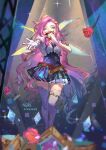 1girl absurdres artist_name belt breasts brown_belt dated flower gloves highres holding holding_microphone league_of_legends long_hair looking_at_viewer microphone multicolored_background neri_(neri23152939) pink_hair pink_thighhighs puffy_short_sleeves puffy_sleeves red_flower rose seraphine_(league_of_legends) short_sleeves sparkle thighhighs white_gloves zettai_ryouiki 