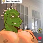  1boy animal_head bara caiman_(dorohedoro) cover_them_up_slut_(meme) dialogue_box dorohedoro green_scales highres large_pectorals looking_at_viewer male_focus meme muscular muscular_male nipples nude pectorals reptile_boy solo sweatdrop thesketchfox upper_body user_interface 