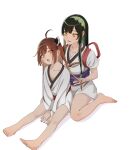  2girls absurdres ahoge arm_support arms_between_legs barefoot behind_another blunt_bangs blush brushing_another&#039;s_hair brushing_hair collarbone commentary_request full_body green_hair green_hairband hair_down hairband head_tilt headgear highres japanese_clothes kimono long_hair long_sleeves looking_at_another looking_back multiple_girls obi pink_eyes sash short_kimono short_sleeves siblings simple_background sisters sitting sleeves_pushed_up smile tasuki touhoku_kiritan touhoku_zunko v_arms vang_09 voiceroid wariza white_background yellow_eyes 