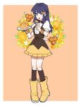  1girl :d adapted_costume black_hair boots border bright_pupils butter combee commentary_request dawn_(pokemon) flower food fork full_body highres hogeol_pk holding holding_fork holding_plate kneehighs knees korean_commentary long_hair open_mouth pancake plate pokemon pokemon_(creature) pokemon_dppt shirt short_sleeves sidelocks smile socks standing white_border white_pupils white_shirt yellow_footwear 