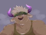  1boy animal_ears animal_nose bara blush brown_fur camouflage camouflage_headwear chest_hair commentary_request cow_ears cow_horns facial_hair furry furry_male goatee green_tank_top headband heavy_breathing highres horns male_focus minotaur muscular muscular_male parted_lips pinned pov purple_background purple_eyes purple_horns shennong_(housamo) shirotoki_(qdng0atngbaqmce) smile snout solo steam sweat tank_top tokyo_afterschool_summoners upper_body white_hair 