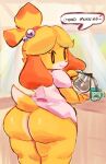  &lt;3 2022 animal_crossing anthro beverage big_butt black_eyes blonde_hair bottomless butt canid canine canis clothed clothing coffee coffee_mug container cup dipstick_tail domestic_dog english_text female hair hi_res isabelle_(animal_crossing) kiseff looking_at_viewer looking_back mammal markings nintendo shih_tzu shirt smile solo speech_bubble tail_markings text thick_thighs topwear toy_dog video_games wide_hips 
