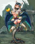  1girl anklet bird_legs blue_feathers blue_hair blue_wings blush breasts character_request claws commentary_request feathered_wings feathers food fruit grin harpy highres holding holding_food holding_fruit horns jewelry large_breasts looking_at_viewer monster_girl monster_hunter_(series) neck_fur orange_eyes outdoors panties personification pointy_ears prehensile_tail scales single_horn smile solo tail talons udetamago underboob underwear white_panties winged_arms wings 