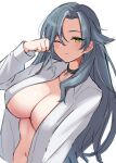  1girl absurdres azur_lane blush breasts chkalov_(azur_lane) choker collarbone collared_shirt grey_hair highres large_breasts long_hair mature_female navel one_eye_closed parted_bangs shirt simple_background solo soul_(dp11) stomach unbuttoned unbuttoned_shirt white_background white_shirt yellow_eyes 