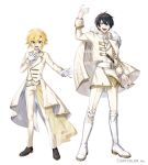  2boys belt black_footwear black_hair blonde_hair boots cape fur-trimmed_cape fur_trim gloves gold_trim green_eyes hand_on_own_hip male_focus miyukiyo multiple_boys nijisanji official_art pants red_eyes sample_watermark simple_background smile uzuki_kou watermark white_background white_belt white_cape white_footwear white_gloves white_pants yumeoi_kakeru 