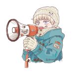  1boy aya_(shin&#039;ya_meisai) beanie blonde_hair blue_jacket facial_tattoo gloves hands_up hat holding holding_megaphone hood hood_down inumaki_toge jacket jujutsu_kaisen male_focus megaphone open_mouth purple_eyes short_hair simple_background solo tattoo upper_body white_background white_gloves white_headwear 