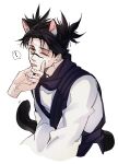  1boy 1other :p absurdres animal_ears black_eyes black_hair black_scarf black_vest cat_boy cat_ears choso_(jujutsu_kaisen) facial_tattoo hand_on_another&#039;s_chin highres jujutsu_kaisen l_everbloom long_sleeves one_eye_closed scarf shirt short_hair short_twintails simple_background solo_focus sweatdrop tattoo tongue tongue_out twintails upper_body vest white_background white_shirt 