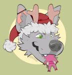 anthro canid canine canis christmas christmas_clothing christmas_headwear clothing cookie ear_piercing eating elemental_creature flora_fauna food fur hair hat headgear headshot_portrait headwear hi_res holidays icon jhoyk7 lou_(thewolf) male mammal nintendo open_mouth piercing pikmin pikmin_(species) plant portrait reindeer_antlers simple_background smile solo solo_focus winged_pikmin wolf