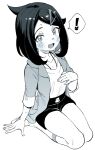  ! 1girl blush greyscale liko_(pokemon) looking_at_viewer monochrome open_mouth pokemon pokemon_(anime) pokemon_horizons shirt shorts sitting spoken_exclamation_mark ter_(otokoter) thighs wariza 