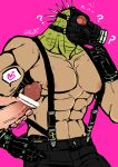  1boy 2boys animal_head bar_censor bara caiman_(dorohedoro) censored climaxmukr cowboy_shot dorohedoro erection gas_mask green_scales heart large_pectorals looking_at_penis male_focus mars_symbol mask multiple_boys muscular muscular_male nipples pants pectorals profile reptile_boy sideways_glance solo_focus spoken_heart spoken_mars_symbol suspenders yaoi 