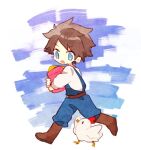  1boy animal belt bird blue_eyes blue_overalls blue_sky boots box brown_footwear brown_hair carrying chibi chicken cloud cloudy_sky commentary day full_body leather_belt long_sleeves lowres male_focus mgomurainu open_mouth original outdoors overalls running shirt short_hair sky solid_circle_eyes solo stardew_valley white_shirt 